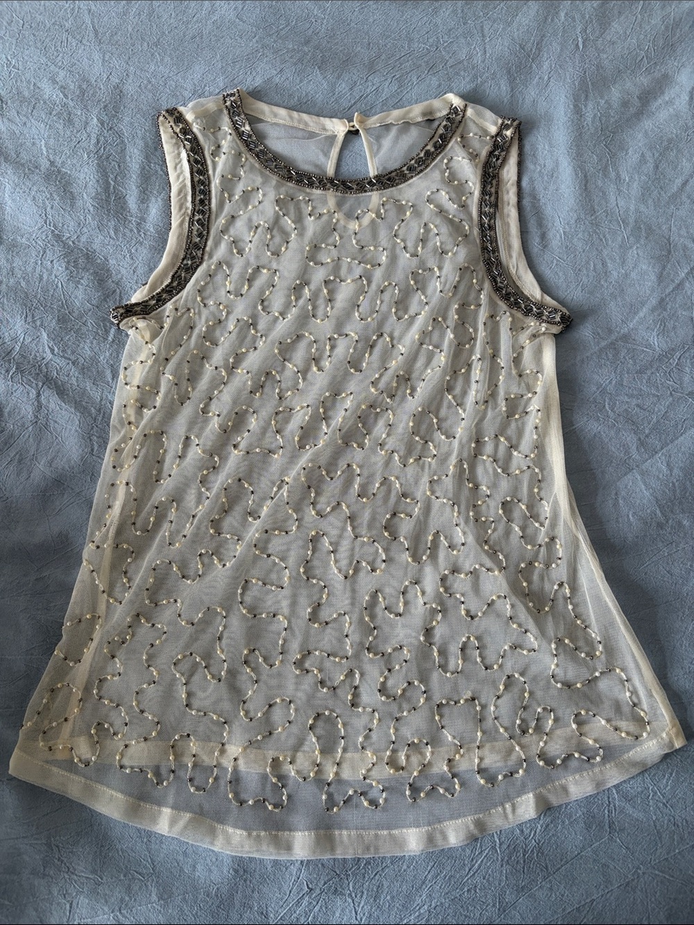 Topshop Ivory Beaded Mesh Tank Top